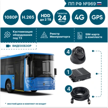 на 4 камеры для общественного транспорта NSCAR BUS401 FullHD_HDD с опциями 4G+GPS/Глонасс